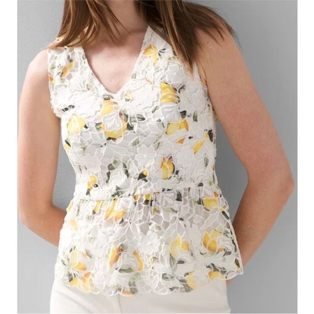 White house black market lemon print Lace peplum top Size 12 - Picture 3 of 10